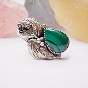 Vintage Malachite And Sterling Silver Ring, Embellished Feather/Leaf Ring With Tear Drop Stone, Native American Malachite Ring, Old Pawn
