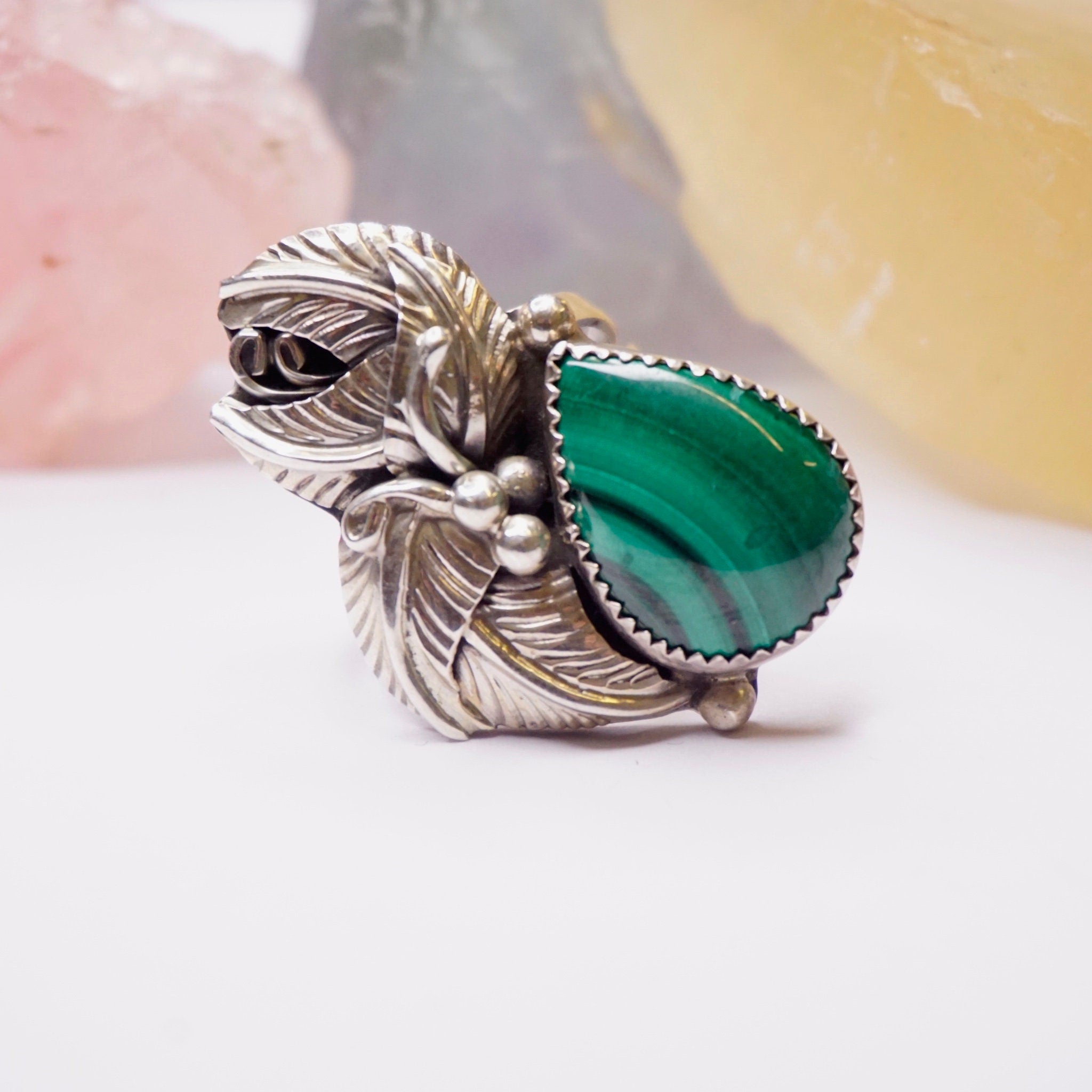 Vintage Malachite And Sterling Silver Ring, Embellished Feather/Leaf Ring With Tear Drop Stone, Native American Malachite Ring, Old Pawn