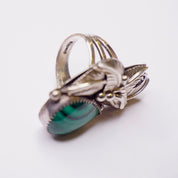 Vintage Malachite And Sterling Silver Ring, Embellished Feather/Leaf Ring With Tear Drop Stone, Native American Malachite Ring, Old Pawn