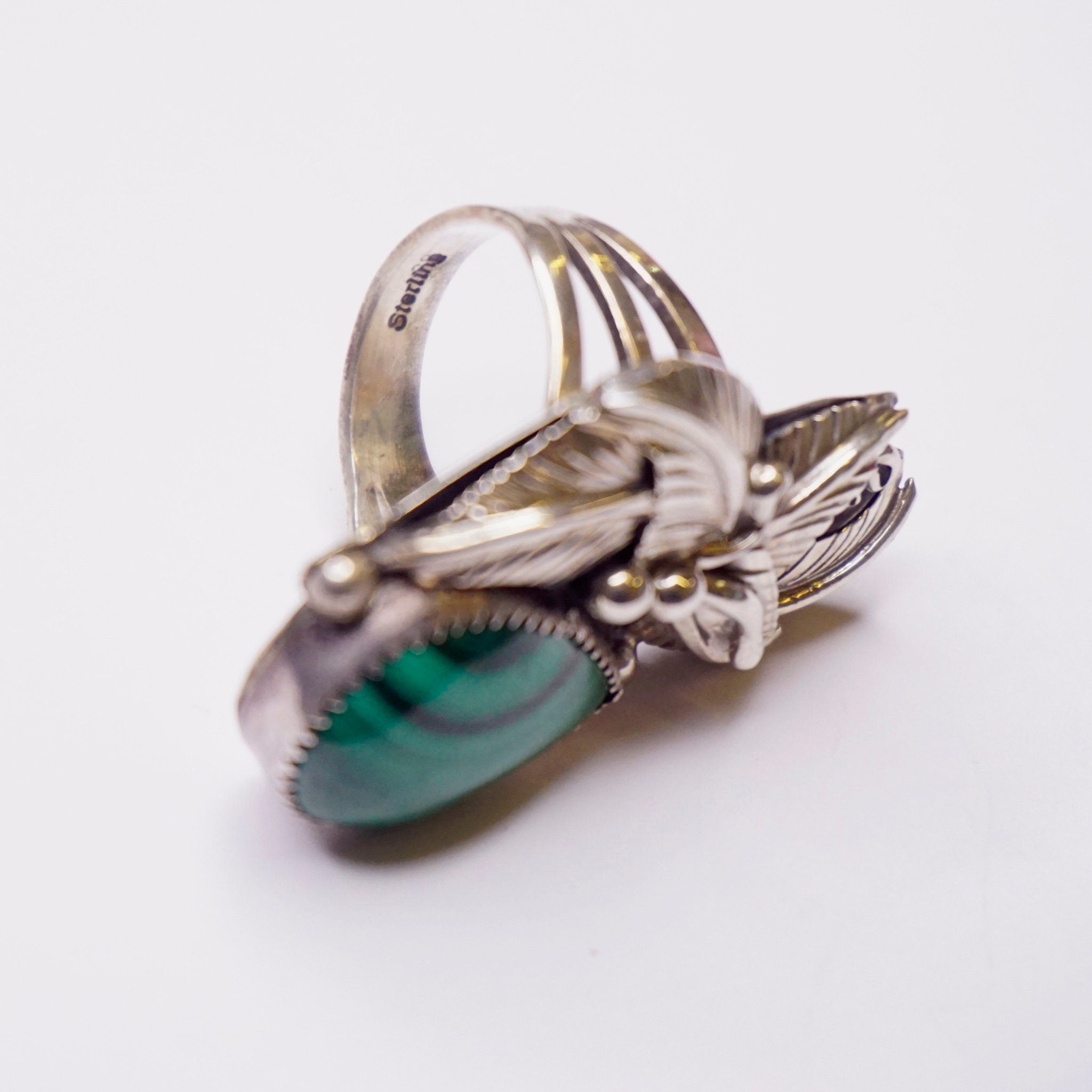 Vintage Malachite And Sterling Silver Ring, Embellished Feather/Leaf Ring With Tear Drop Stone, Native American Malachite Ring, Old Pawn