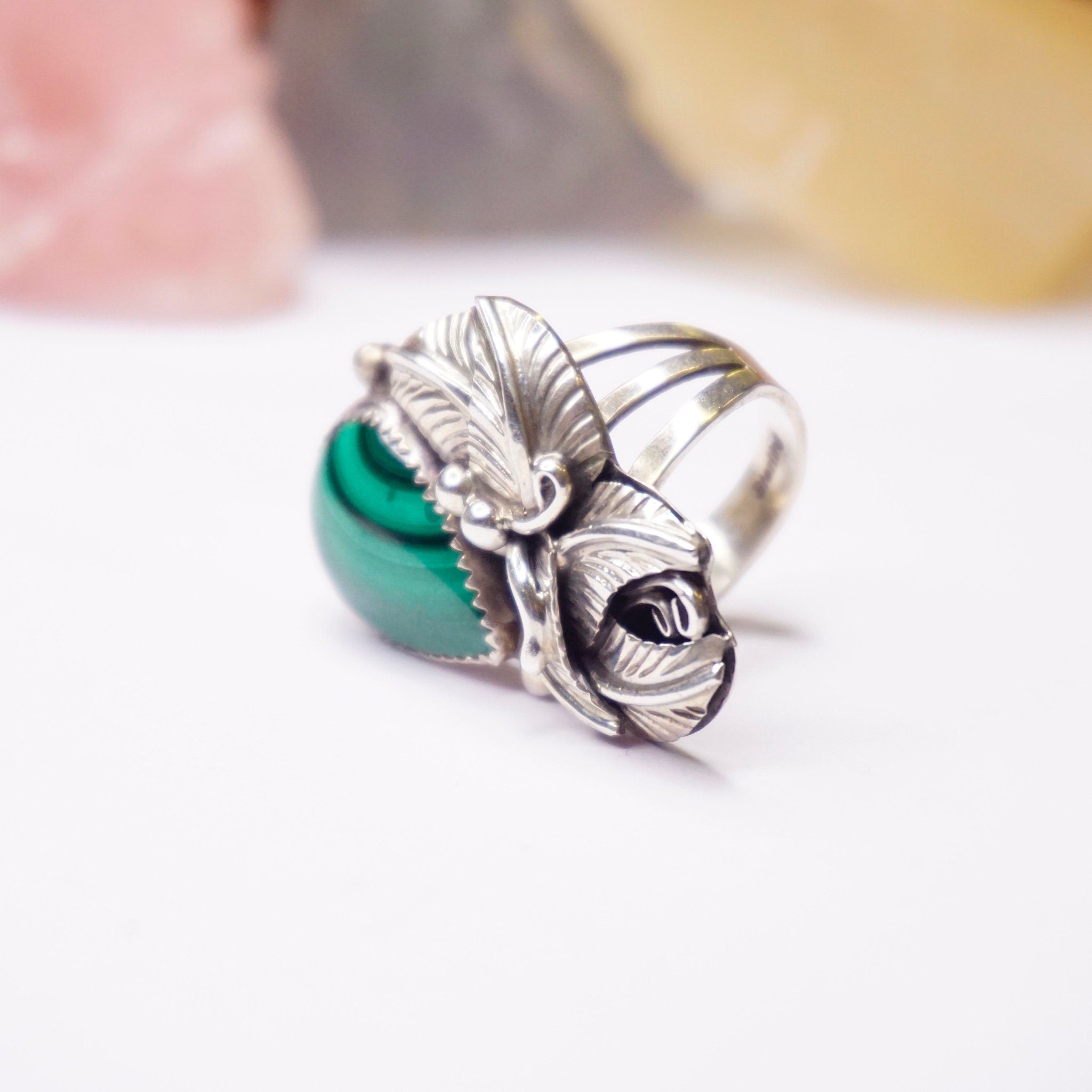 Vintage Malachite And Sterling Silver Ring, Embellished Feather/Leaf Ring With Tear Drop Stone, Native American Malachite Ring, Old Pawn