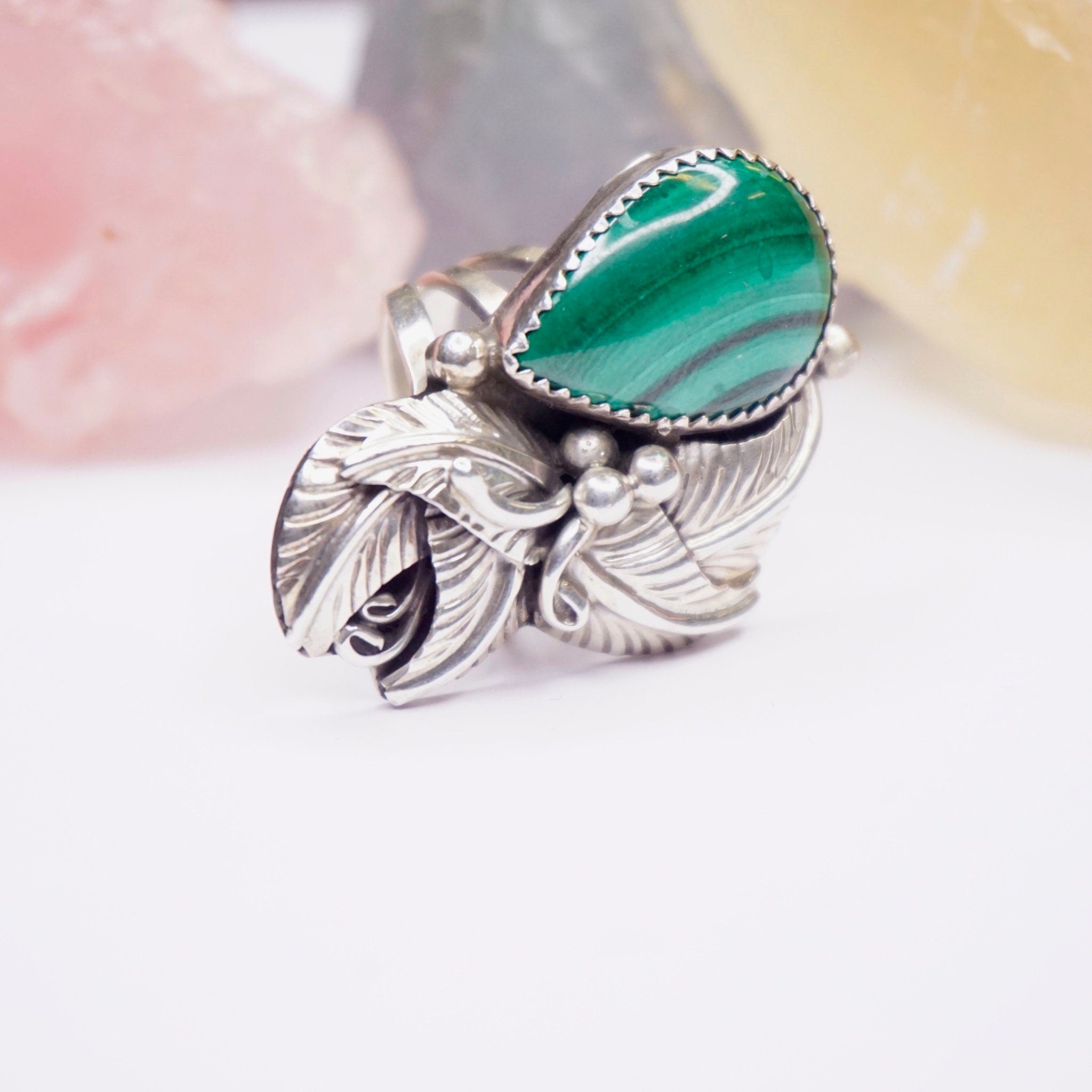Vintage Malachite And Sterling Silver Ring, Embellished Feather/Leaf Ring With Tear Drop Stone, Native American Malachite Ring, Old Pawn