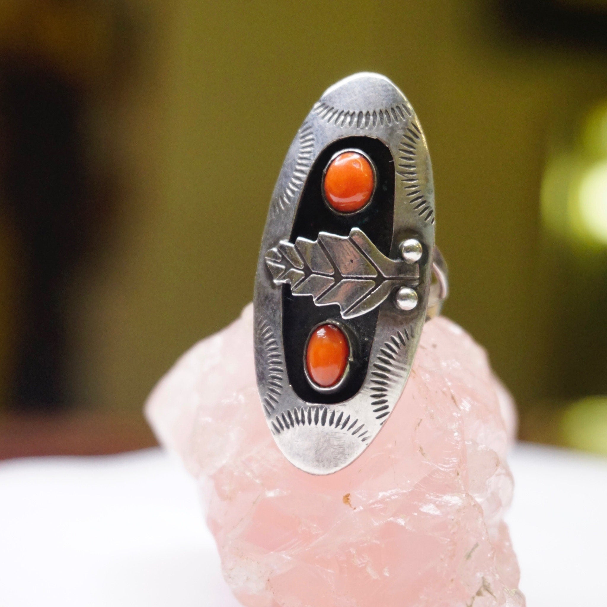 Vintage Silver Ring With Coral, Long Sterling Silver Leaf Ring With Accent Red Stones, Long Finger Ring, Native American Jewelry, 925