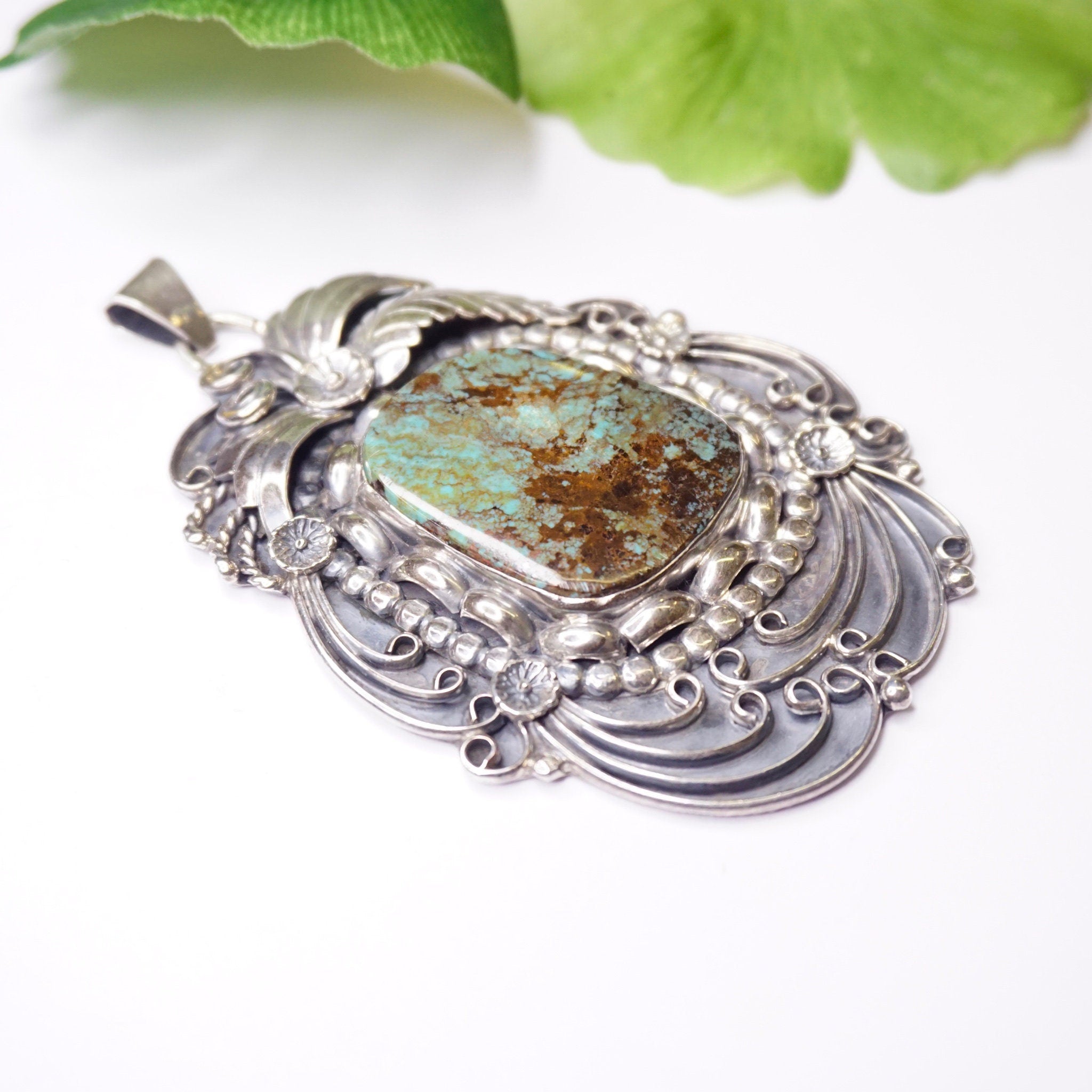 Vintage Sterling Silver Turquoise Pendant, Large Silver Pendant With Floral Embellishments, Native American Jewelry, 925