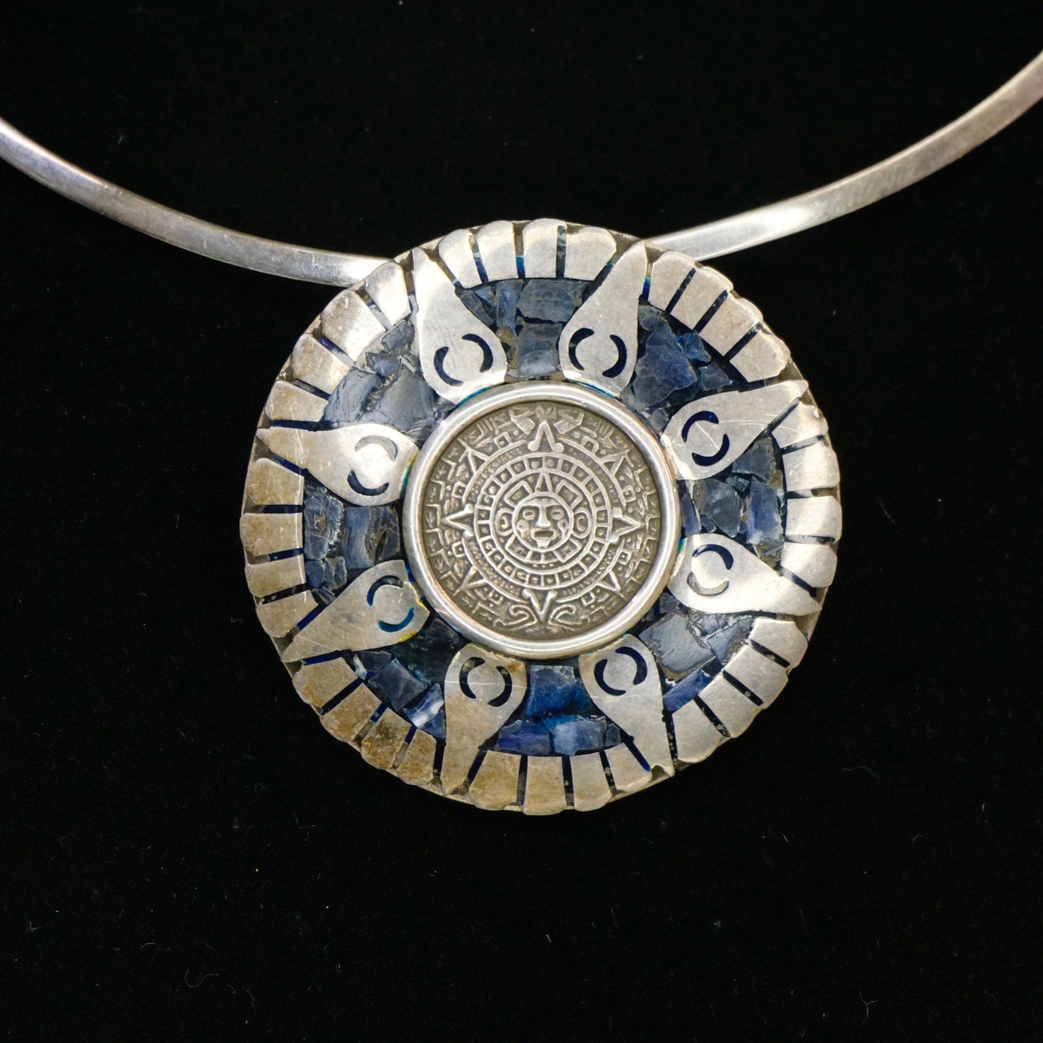 Vintage Taxco Silver Mayan Sun Pendant/Brooch, Aztec Pendant With Blue Stones and Silver Sun Rays, Mayan Sun God Brooch, Mex 925 Jewelry