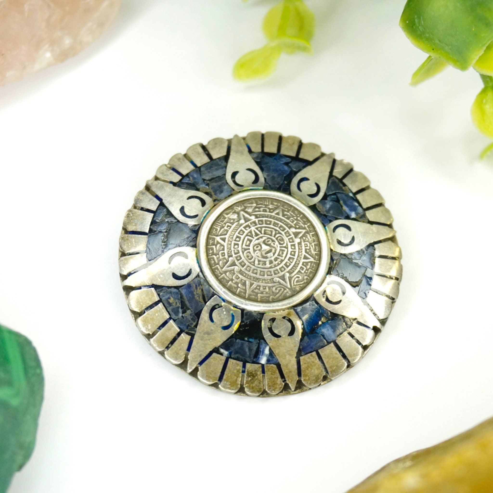 Vintage Taxco Silver Mayan Sun Pendant/Brooch, Aztec Pendant With Blue Stones and Silver Sun Rays, Mayan Sun God Brooch, Mex 925 Jewelry