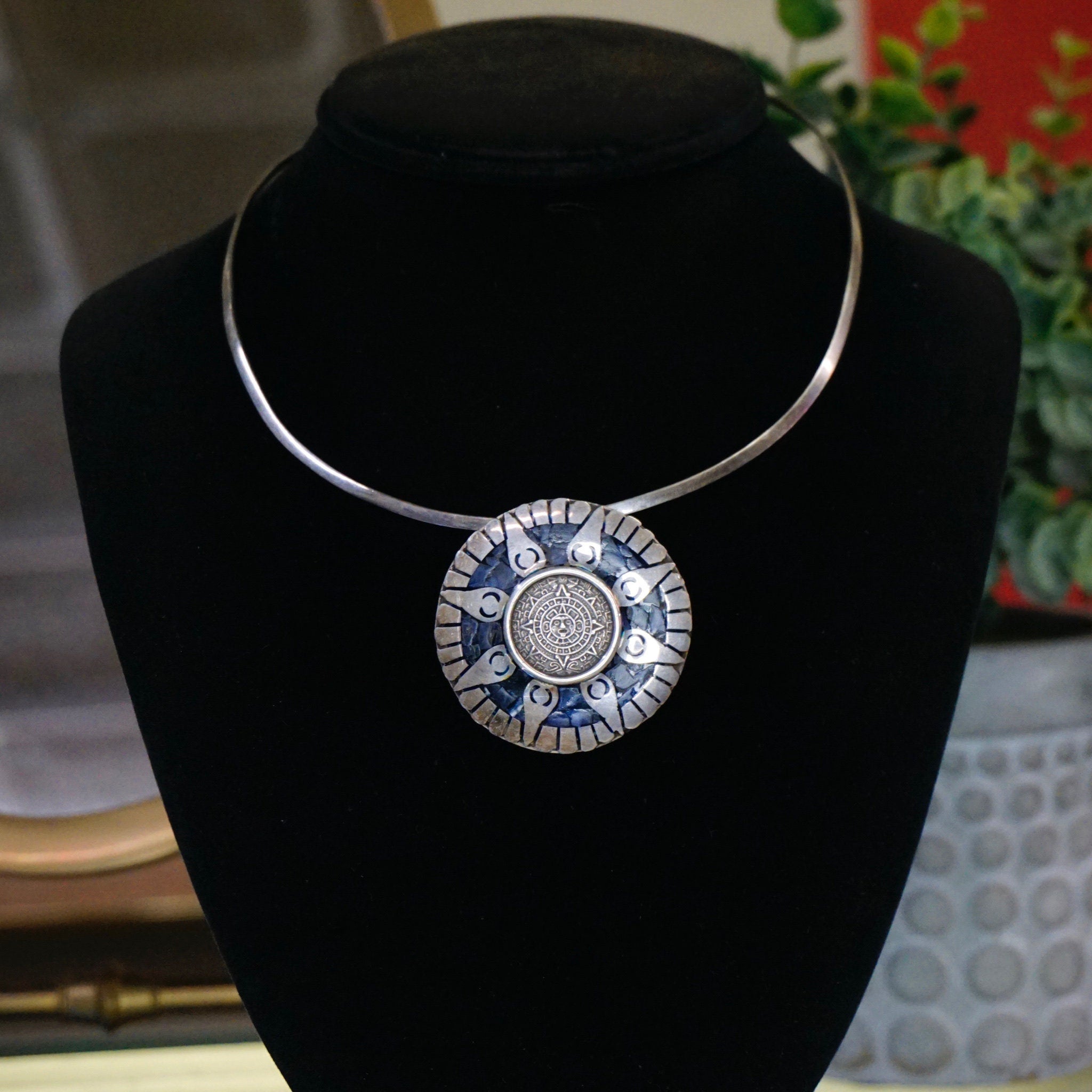 Vintage Taxco Silver Mayan Sun Pendant/Brooch, Aztec Pendant With Blue Stones and Silver Sun Rays, Mayan Sun God Brooch, Mex 925 Jewelry