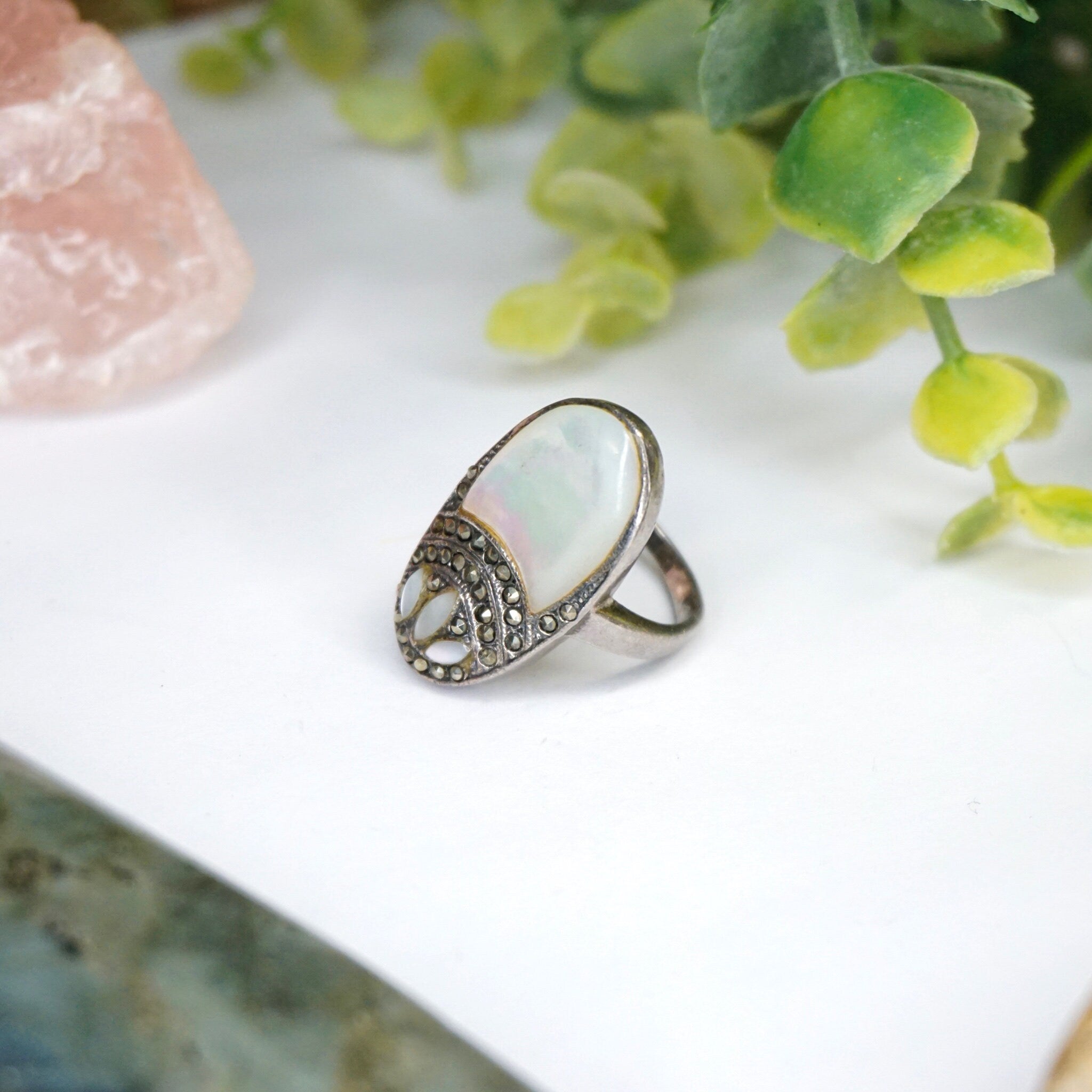 Vintage Sterling Silver Mother Of Pearl And Marcasite Ring, Art Deco Marcasite Ring With Iridescent Mother of Pearl, 925 Jewelry