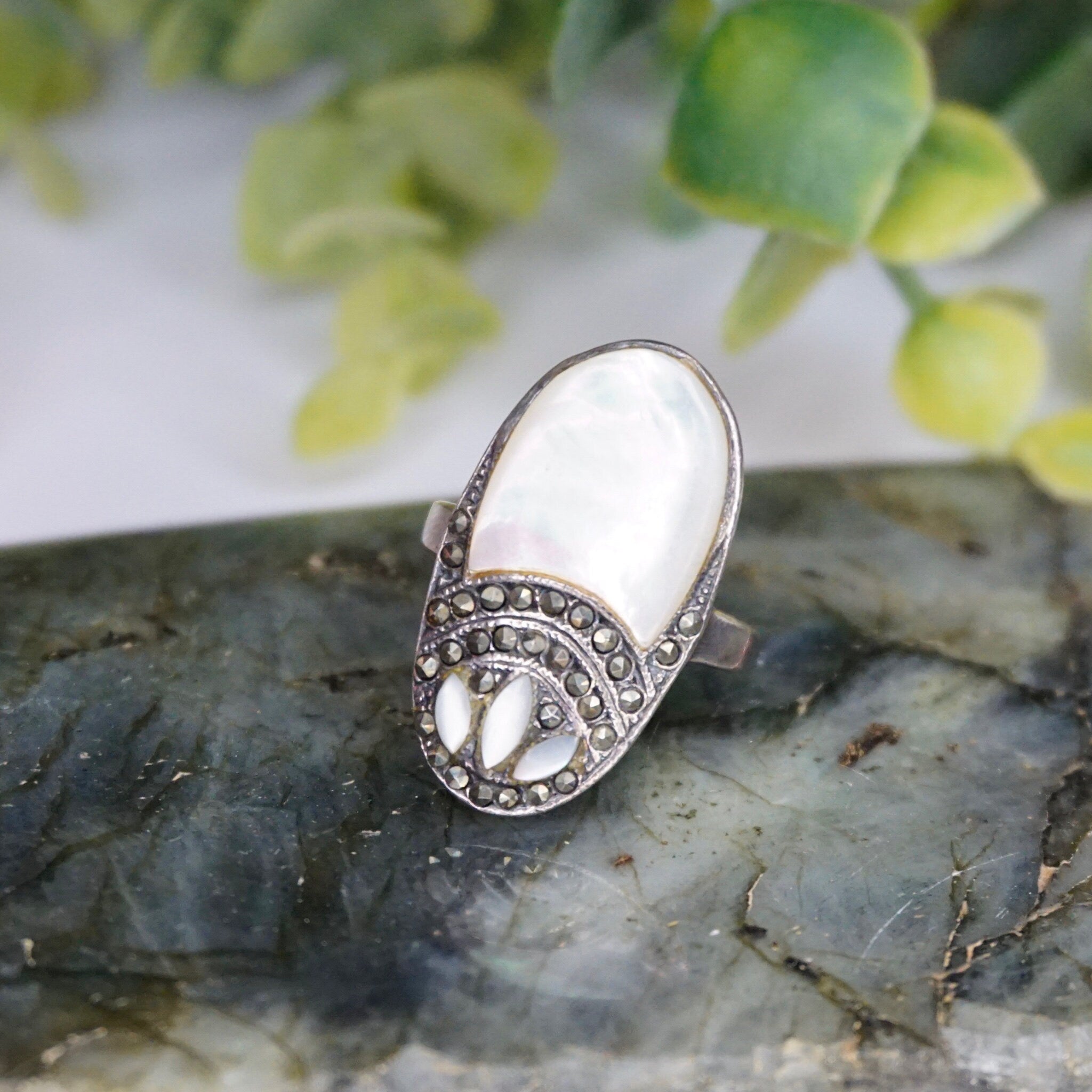 Vintage Sterling Silver Mother Of Pearl And Marcasite Ring, Art Deco Marcasite Ring With Iridescent Mother of Pearl, 925 Jewelry