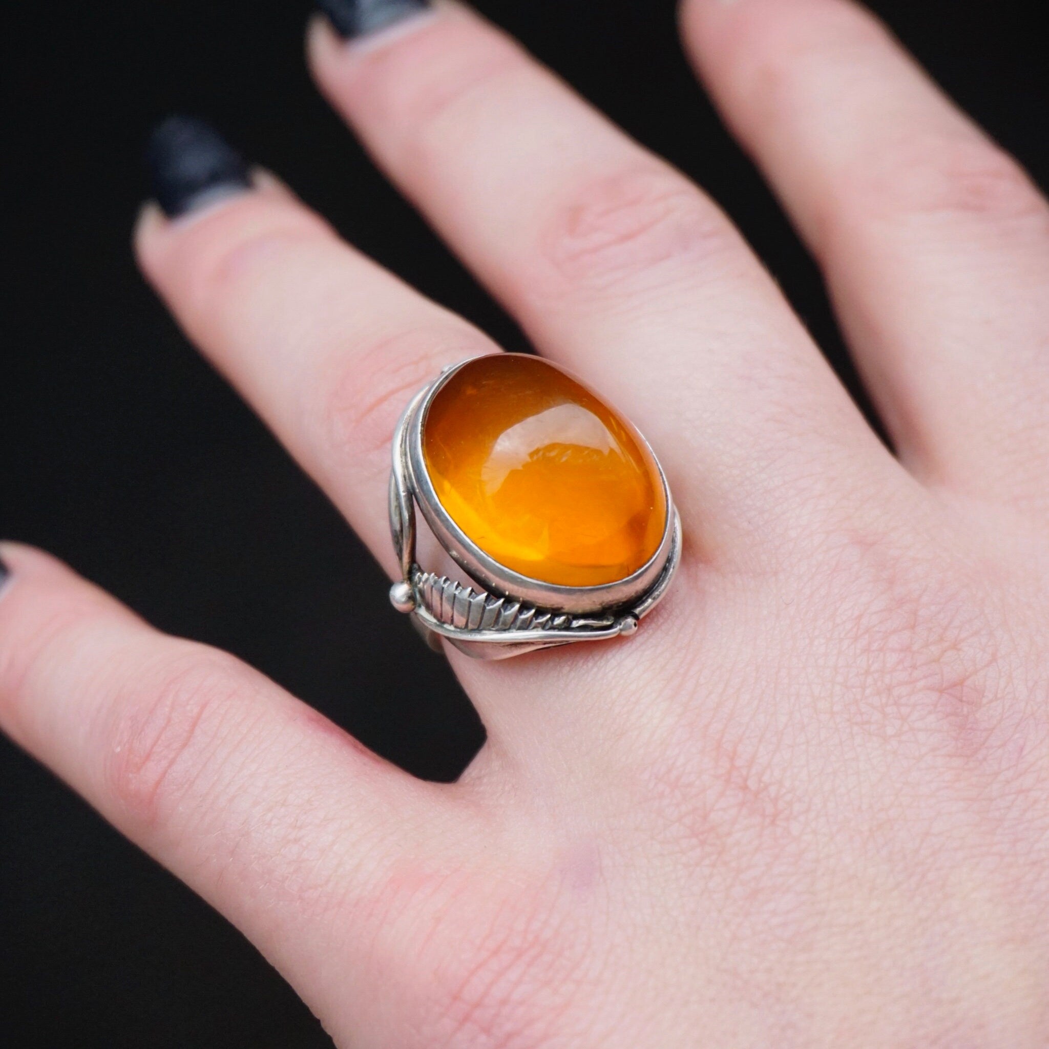 Leaf Details, Large Face Silver Ring, Size 7.5 US Sterling Ring