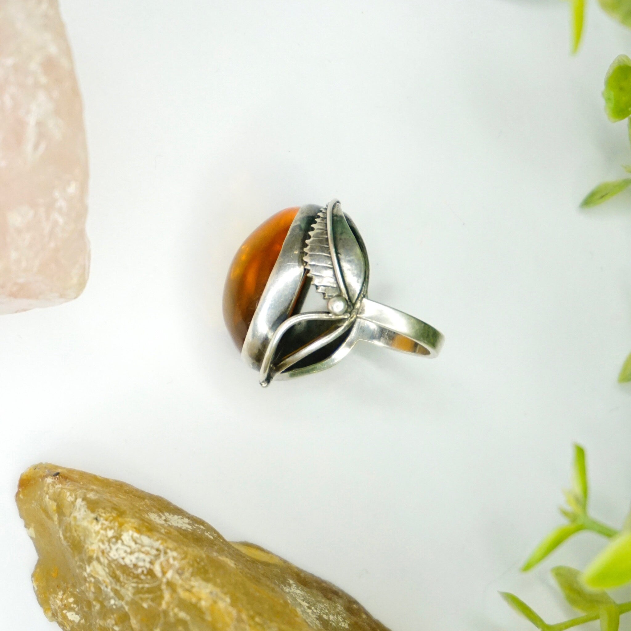 Vintage Sterling Silver Amber Ring, Orange Amber Ring With Silver Feather/Leaf Details, Large Face Silver Ring, Size 7.5 US Sterling Ring