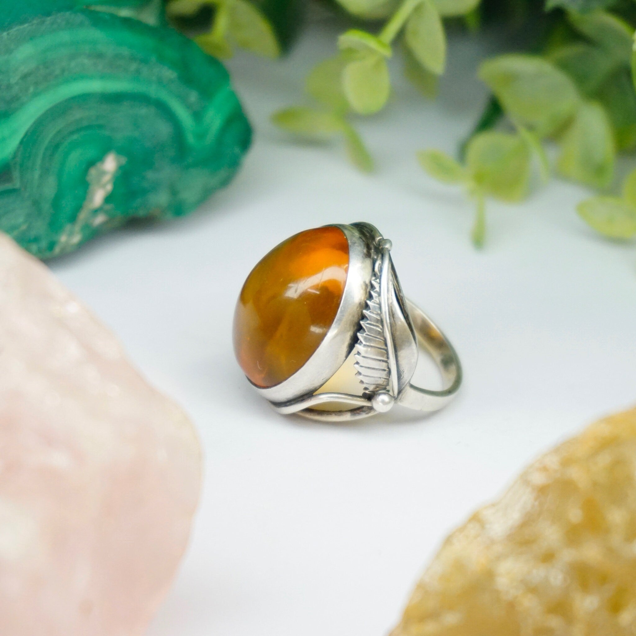 Vintage Sterling Silver Amber Ring, Orange Amber Ring With Silver Feather/Leaf Details, Large Face Silver Ring, Size 7.5 US Sterling Ring