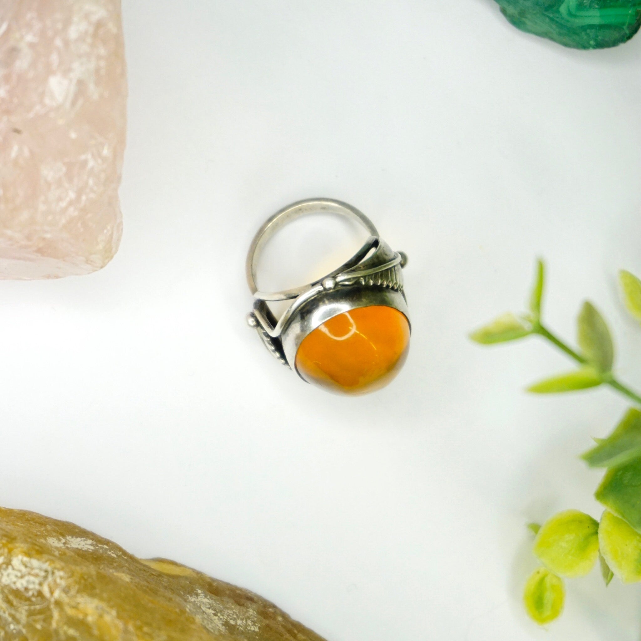 Vintage Sterling Silver Amber Ring, Orange Amber Ring With Silver Feather/Leaf Details, Large Face Silver Ring, Size 7.5 US Sterling Ring