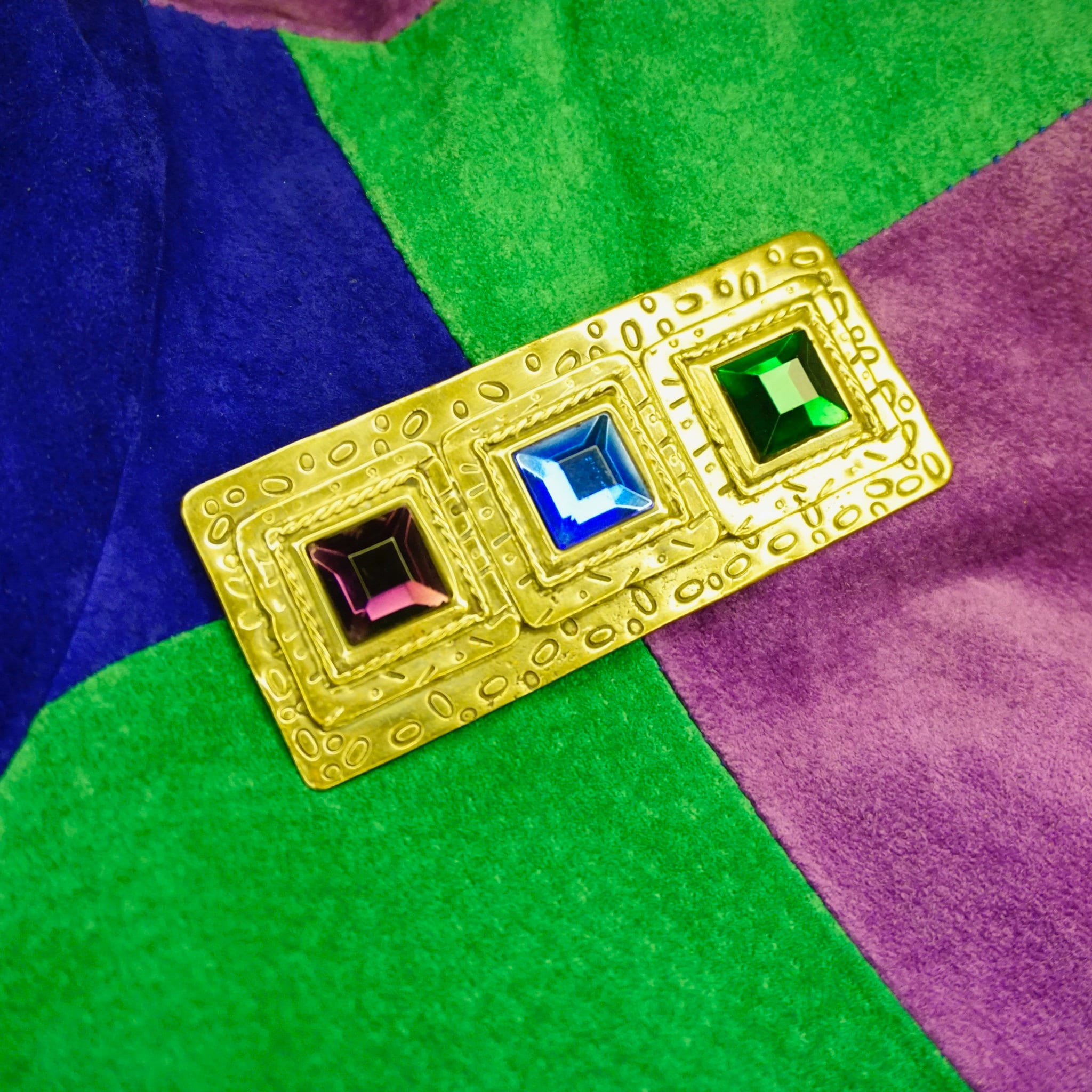 Vintage Deborah Roberts Modernist Gold Tone Brooch, Eccentric Gold Tone Brooch With Green, Purple, And Blue Glass, Signed Jewelry