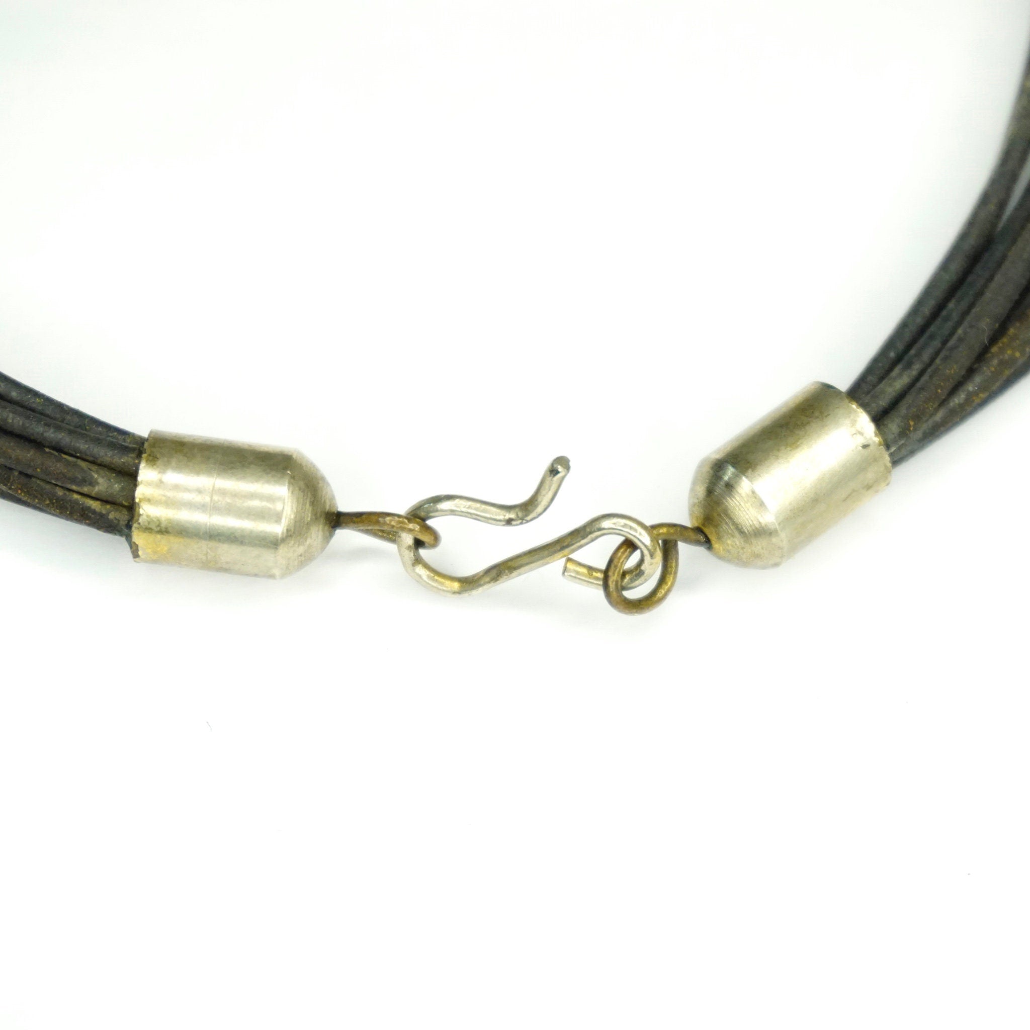 Vintage Silver Multi-Strand Leather Collar Necklace, Modernist Choker Necklace With Leather And Silver Tone Links, Chunky Statement Necklace