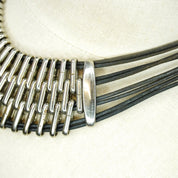 Vintage Silver Multi-Strand Leather Collar Necklace, Modernist Choker Necklace With Leather And Silver Tone Links, Chunky Statement Necklace