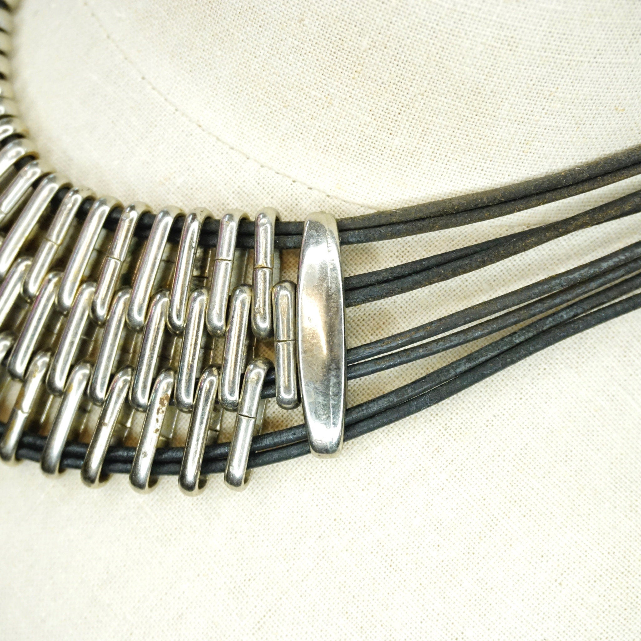 Vintage Silver Multi-Strand Leather Collar Necklace, Modernist Choker Necklace With Leather And Silver Tone Links, Chunky Statement Necklace