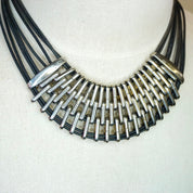 Vintage Silver Multi-Strand Leather Collar Necklace, Modernist Choker Necklace With Leather And Silver Tone Links, Chunky Statement Necklace