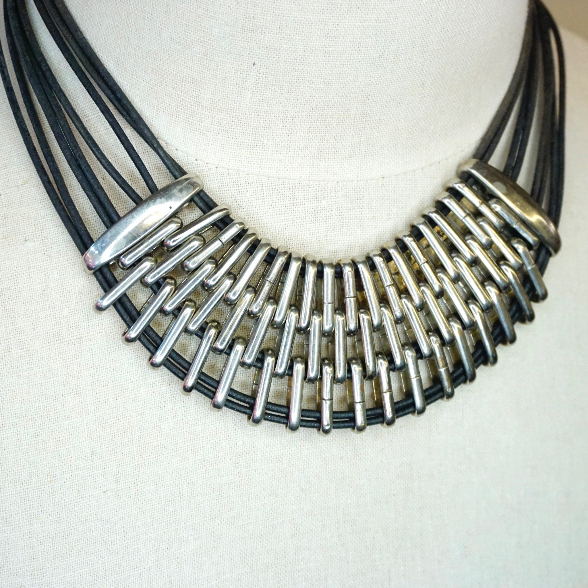Vintage Silver Multi-Strand Leather Collar Necklace, Modernist Choker Necklace With Leather And Silver Tone Links, Chunky Statement Necklace