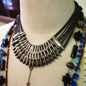 Vintage Silver Multi-Strand Leather Collar Necklace, Modernist Choker Necklace With Leather And Silver Tone Links, Chunky Statement Necklace