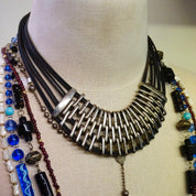 Vintage Silver Multi-Strand Leather Collar Necklace, Modernist Choker Necklace With Leather And Silver Tone Links, Chunky Statement Necklace