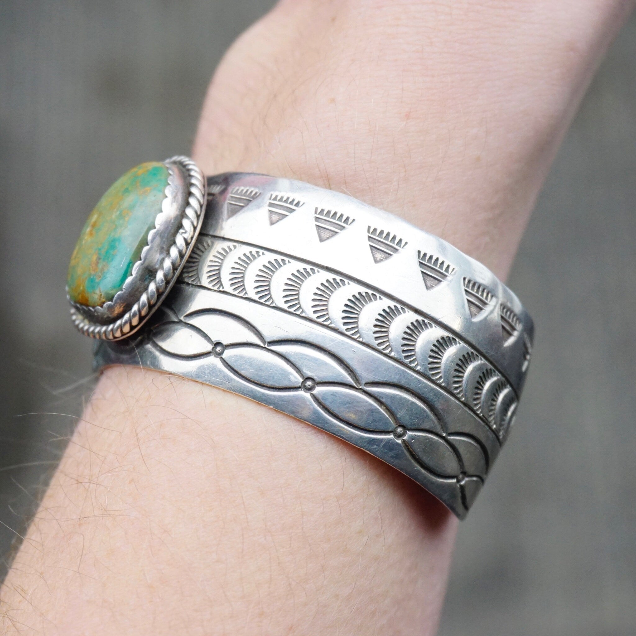 Vintage Navajo Sterling Silver Turquoise Cuff, Engraved Silver Cuff With Green Turquoise, Sterling A.J Platero Navajo, Old Pawn Jewelry