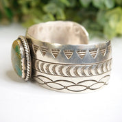 Vintage Navajo Sterling Silver Turquoise Cuff, Engraved Silver Cuff With Green Turquoise, Sterling A.J Platero Navajo, Old Pawn Jewelry