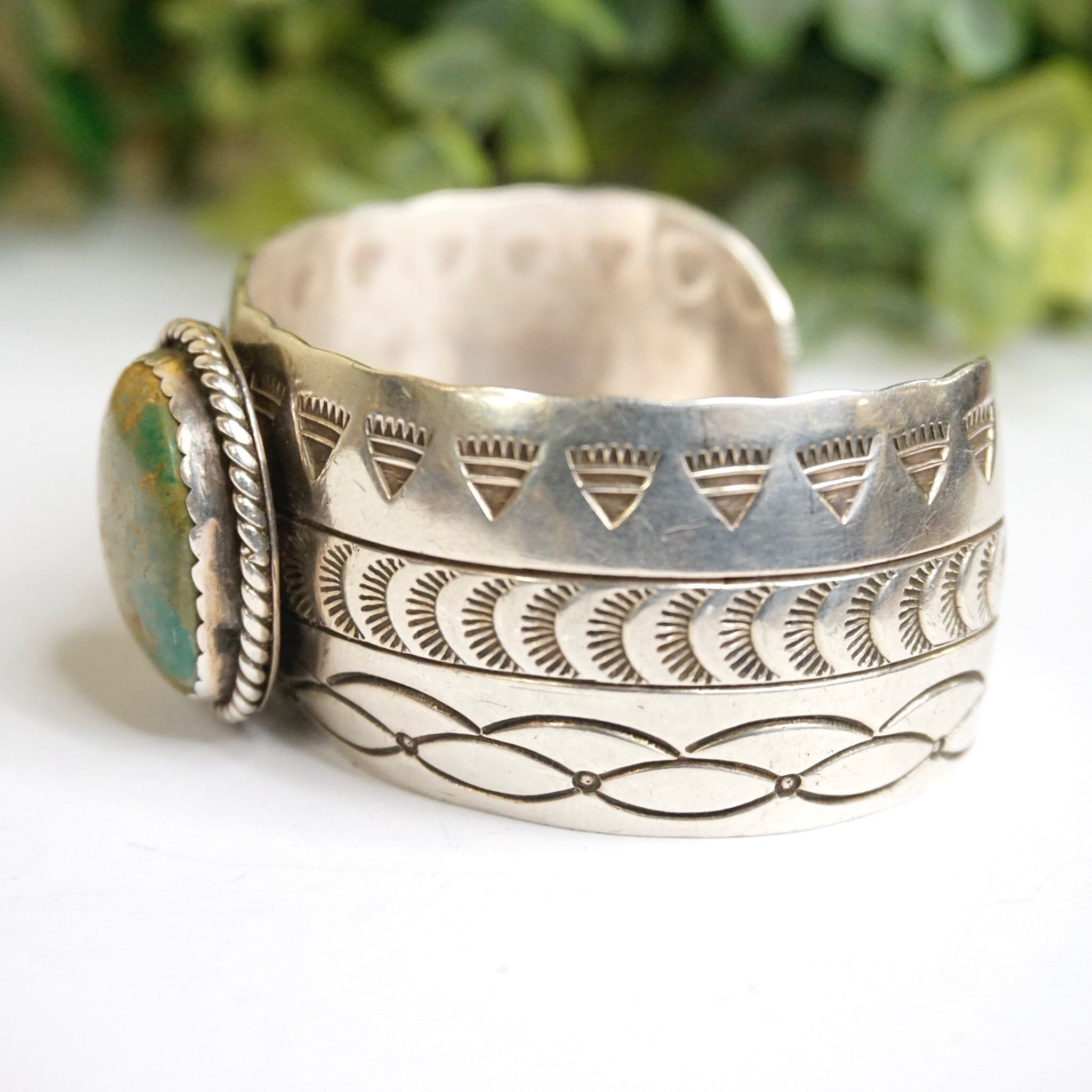 Vintage Navajo Sterling Silver Turquoise Cuff, Engraved Silver Cuff With Green Turquoise, Sterling A.J Platero Navajo, Old Pawn Jewelry