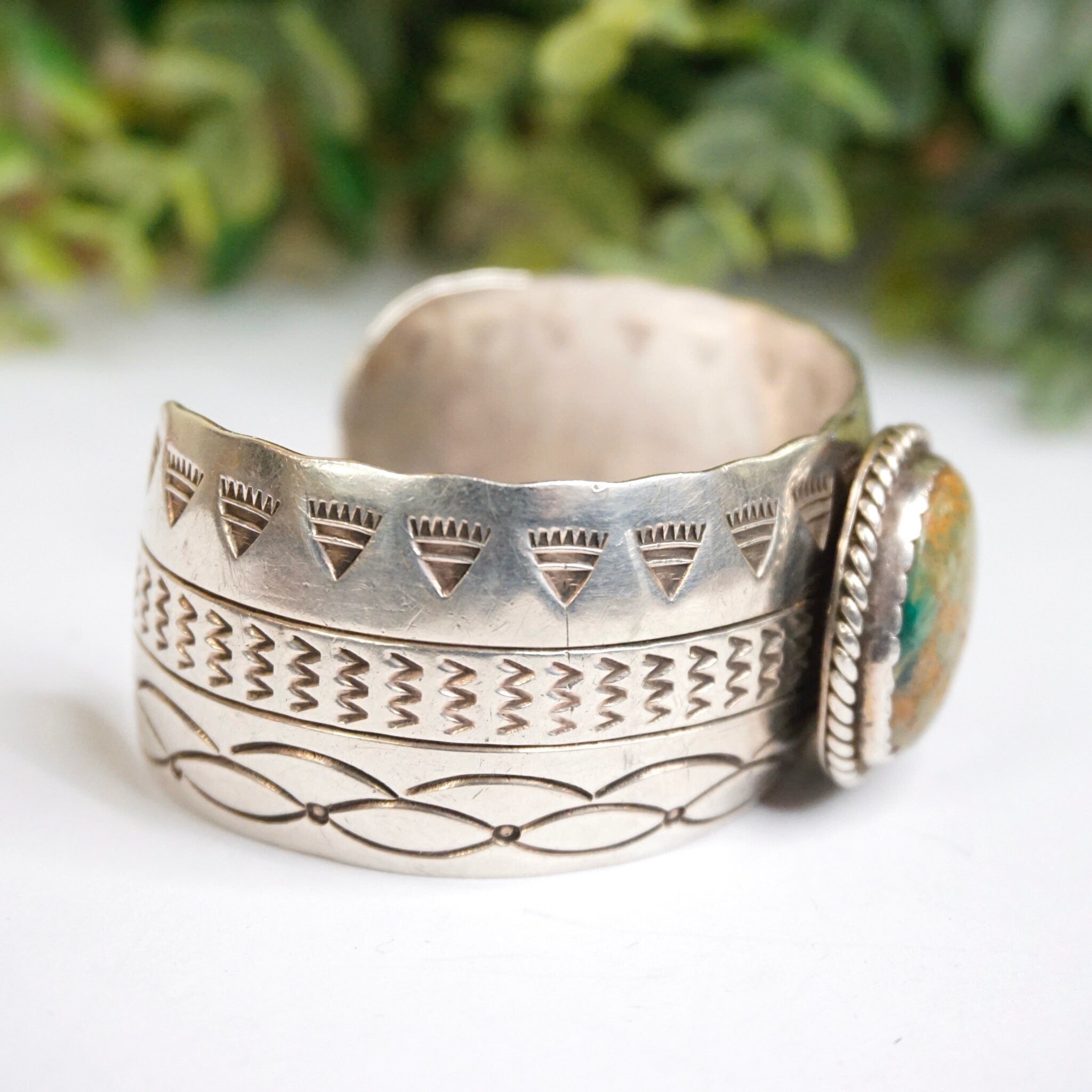 Vintage Navajo Sterling Silver Turquoise Cuff, Engraved Silver Cuff With Green Turquoise, Sterling A.J Platero Navajo, Old Pawn Jewelry