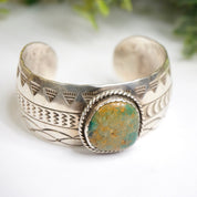 Vintage Navajo Sterling Silver Turquoise Cuff, Engraved Silver Cuff With Green Turquoise, Sterling A.J Platero Navajo, Old Pawn Jewelry