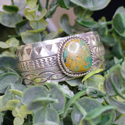 Vintage Navajo Sterling Silver Turquoise Cuff, Engraved Silver Cuff With Green Turquoise, Sterling A.J Platero Navajo, Old Pawn Jewelry