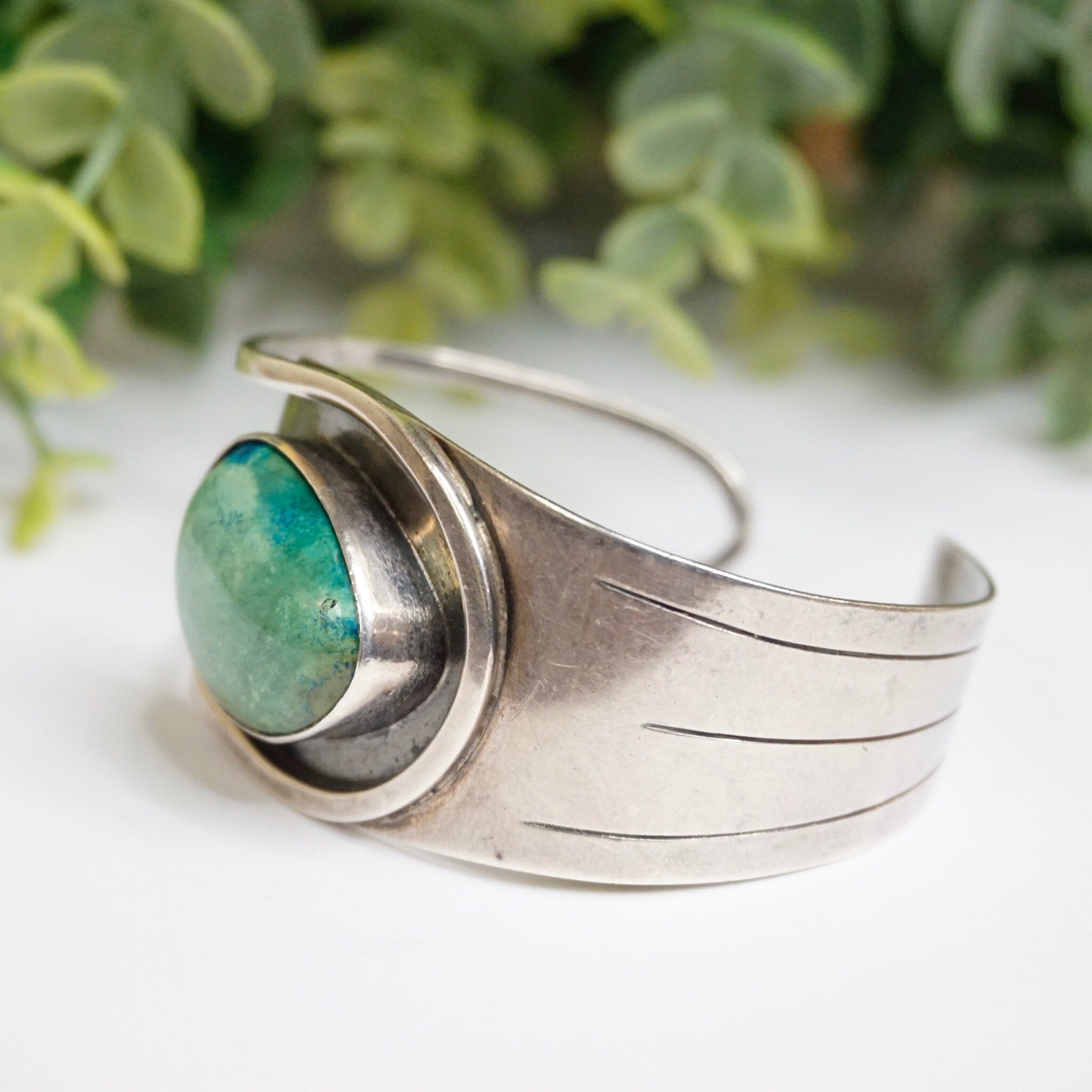 Vintage Silver Cut Out Cuff With Turquoise Stone, Abstract Silver Bracelet With Natural Turquoise, Native American Jewelry, 925
