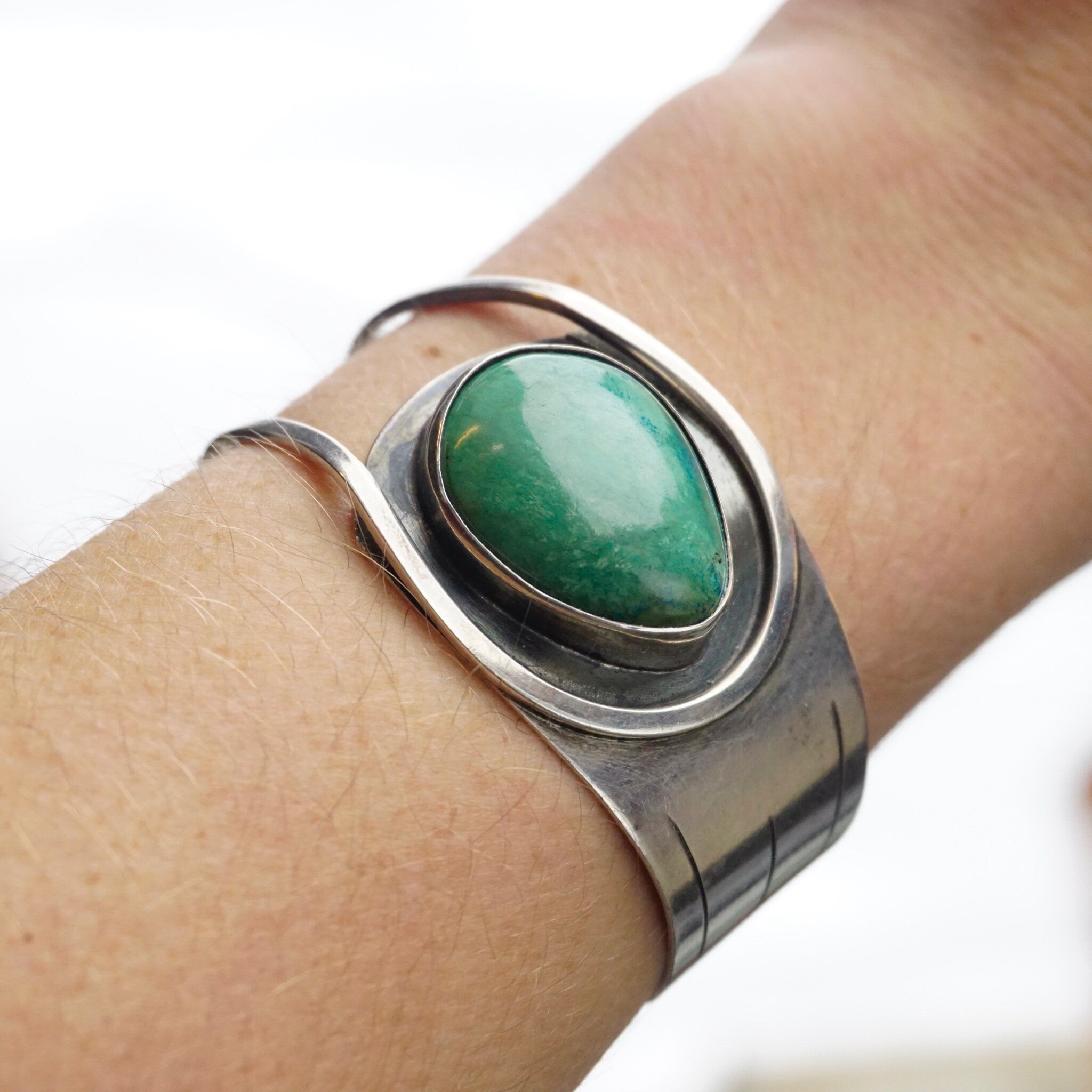 Vintage Silver Cut Out Cuff With Turquoise Stone, Abstract Silver Bracelet With Natural Turquoise, Native American Jewelry, 925
