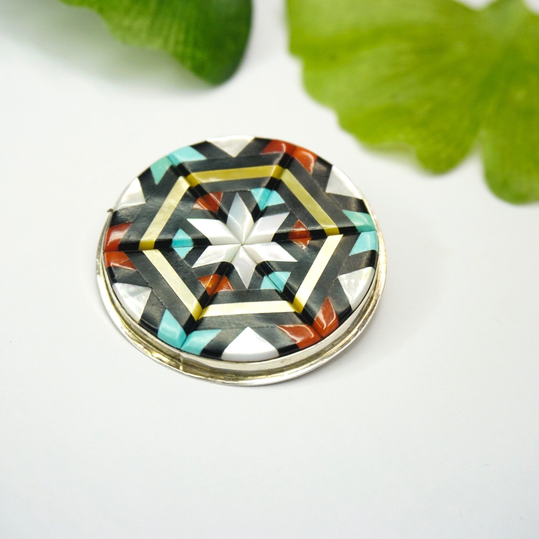 Brooch With Mother Of Pearl, Coral, Turquoise, And Onyx, Multi-Color Geometric Star Pendant, Native American Pin