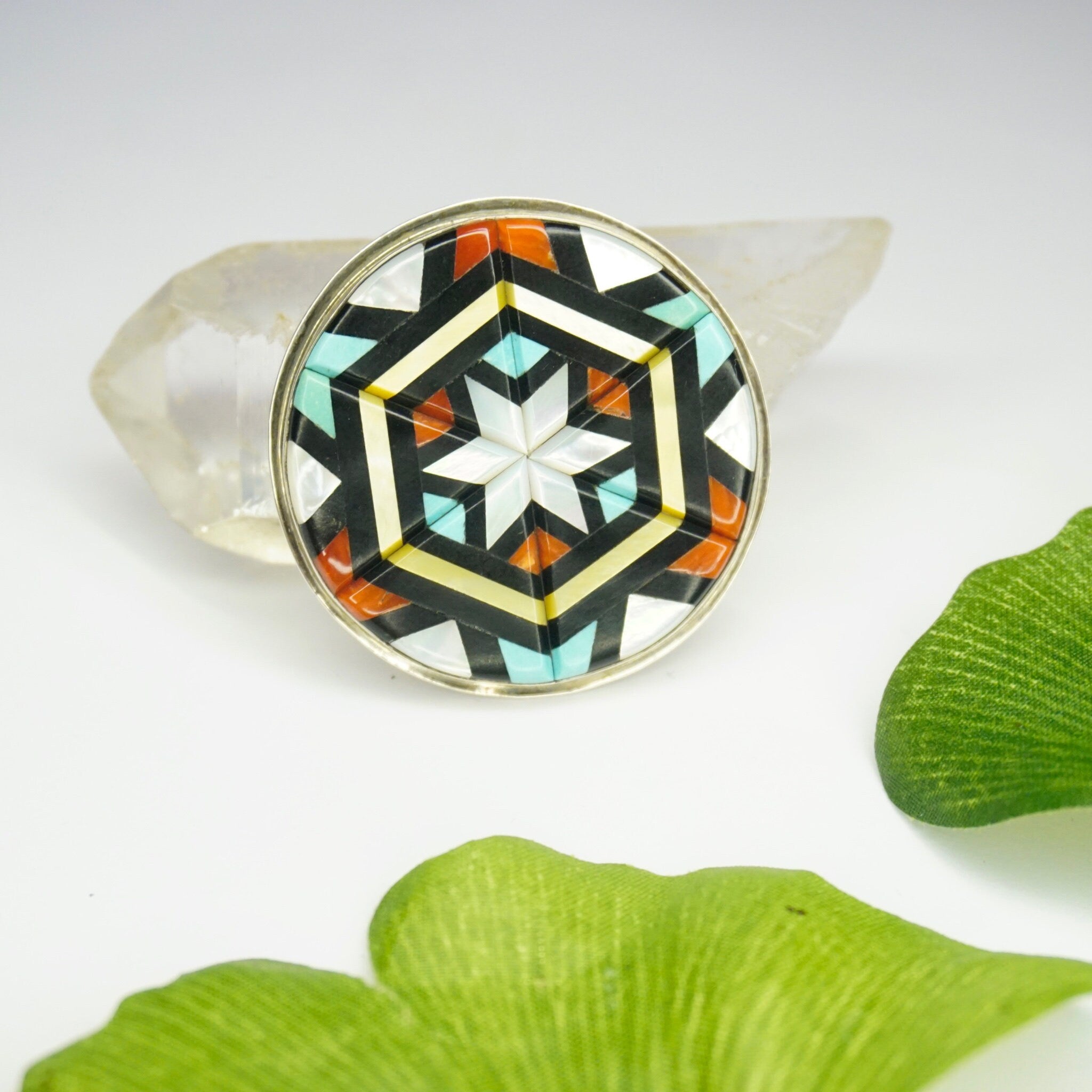 Brooch With Mother Of Pearl, Coral, Turquoise, And Onyx, Multi-Color Geometric Star Pendant, Native American Pin