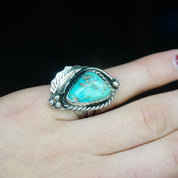 Vintage Turquoise and Sterling Silver Ring, Navajo Ring With Natural Turquoise and Silver Leaf/Feather, Native American Jewelry, 925