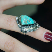 Vintage Turquoise and Sterling Silver Ring, Navajo Ring With Natural Turquoise and Silver Leaf/Feather, Native American Jewelry, 925