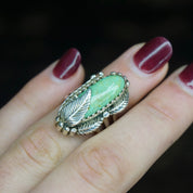 Vintage Turquoise And Silver Ring, Navajo Ring With Silver Feather/Leaf Design, Light Green Turquoise Ring, Natural Turquoise, Foster 925