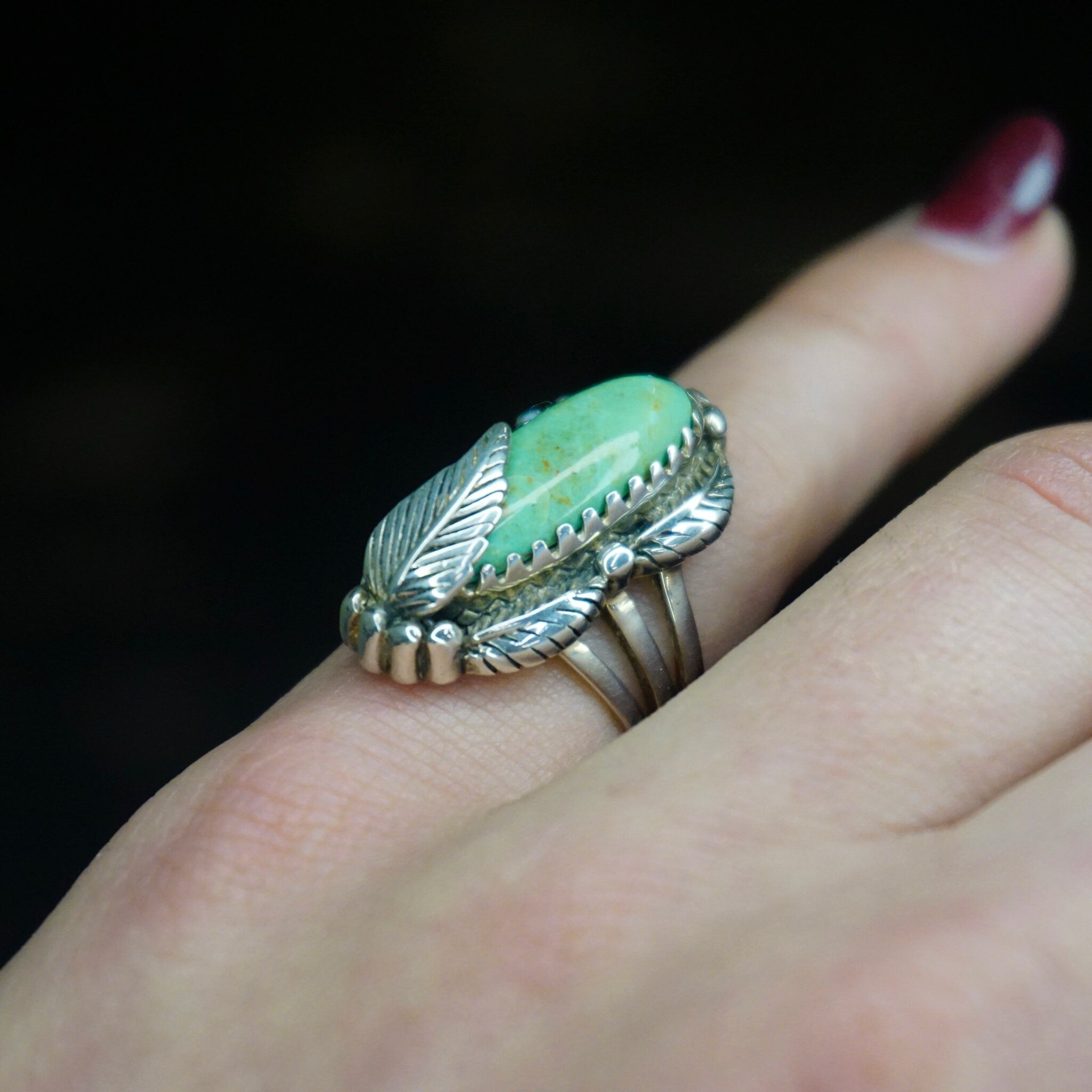Vintage Turquoise And Silver Ring, Navajo Ring With Silver Feather/Leaf Design, Light Green Turquoise Ring, Natural Turquoise, Foster 925