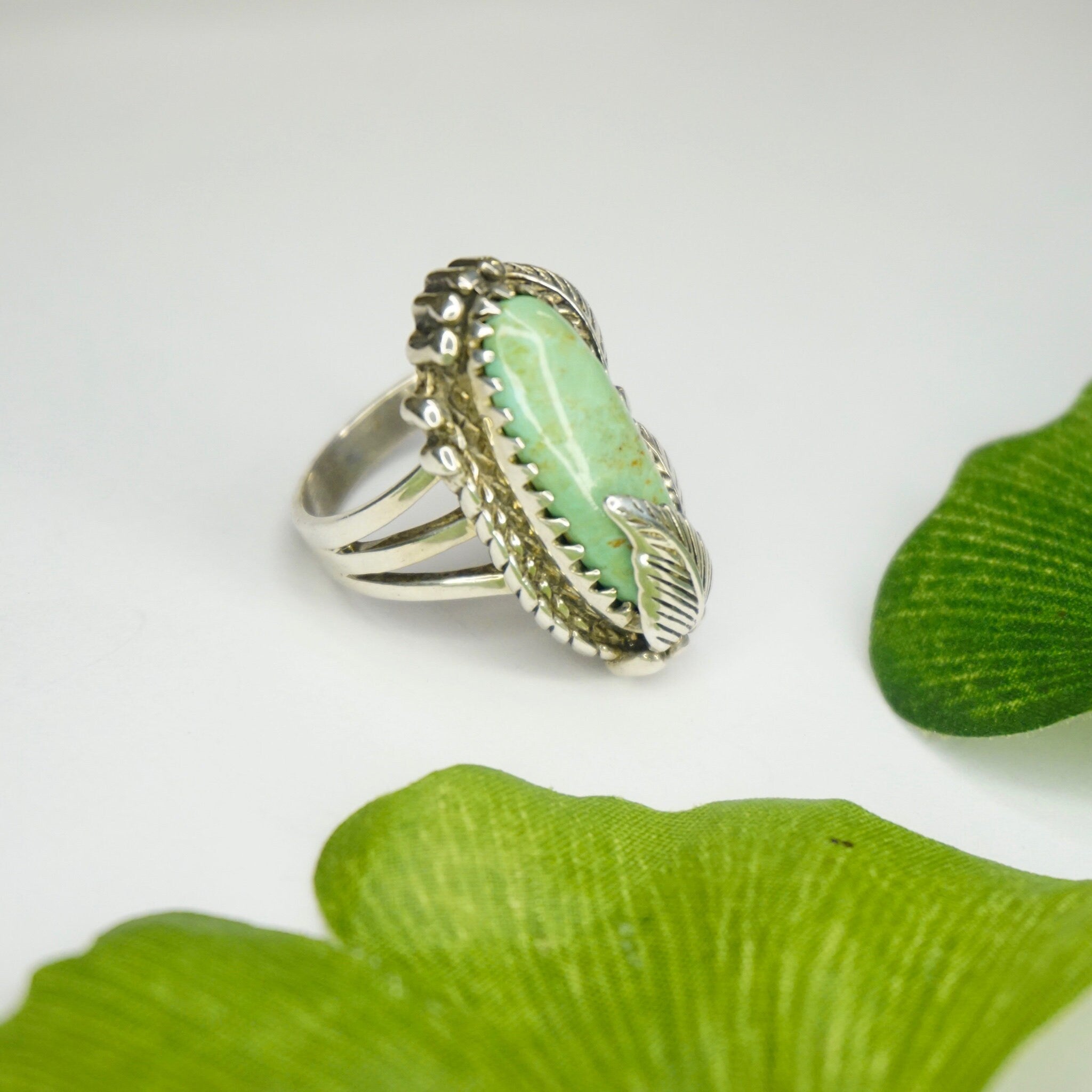 Vintage Turquoise And Silver Ring, Navajo Ring With Silver Feather/Leaf Design, Light Green Turquoise Ring, Natural Turquoise, Foster 925