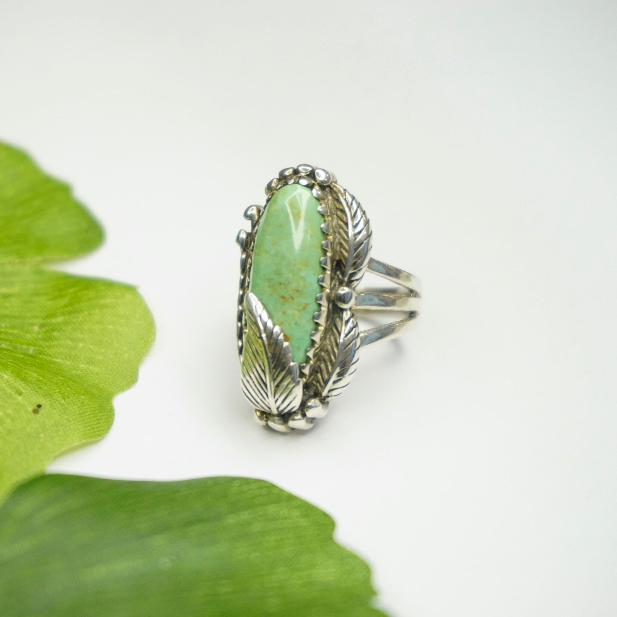 Vintage Turquoise And Silver Ring, Navajo Ring With Silver Feather/Leaf Design, Light Green Turquoise Ring, Natural Turquoise, Foster 925