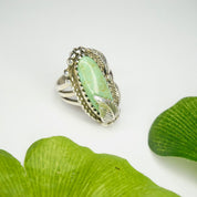 Vintage Turquoise And Silver Ring, Navajo Ring With Silver Feather/Leaf Design, Light Green Turquoise Ring, Natural Turquoise, Foster 925