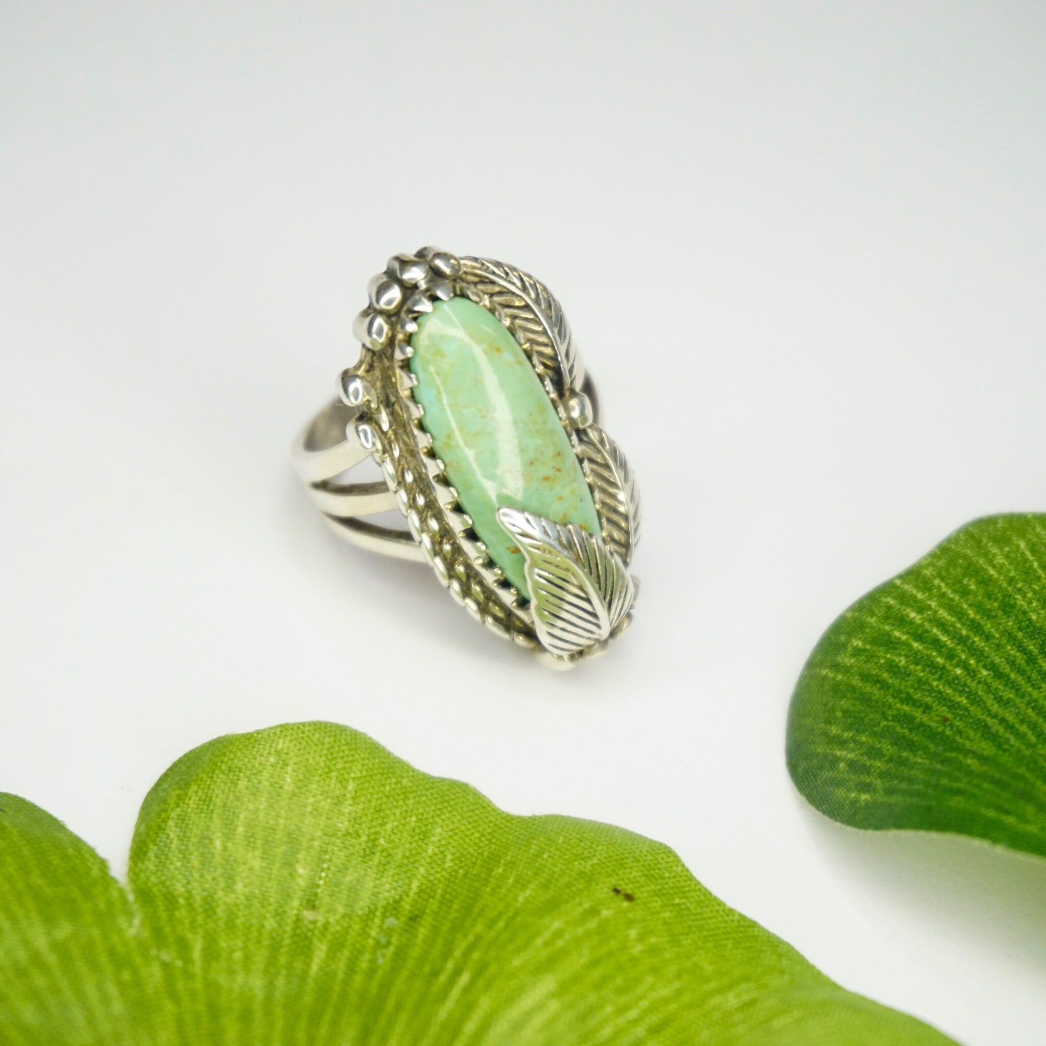 Leaf Design, Light Green Turquoise Ring, Natural Turquoise, Foster 925