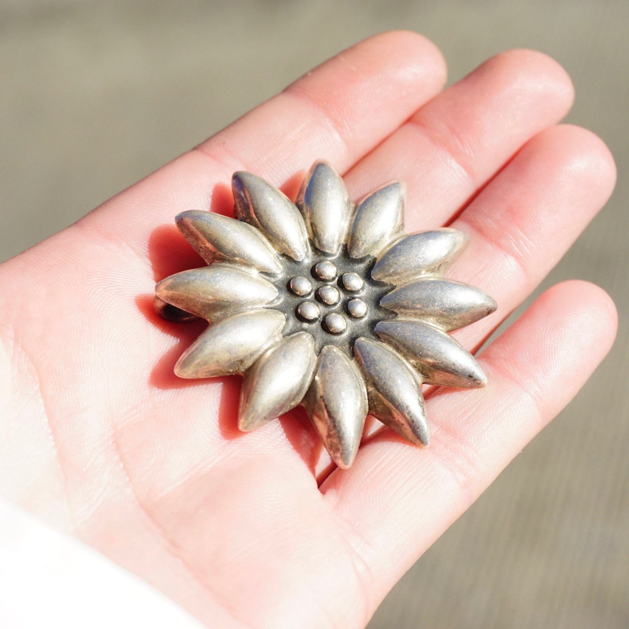 Brooch, Beautiful Silver Flower Pendant, Embossed Sterling Silver Flower Brooch, MWS 925 Mexico