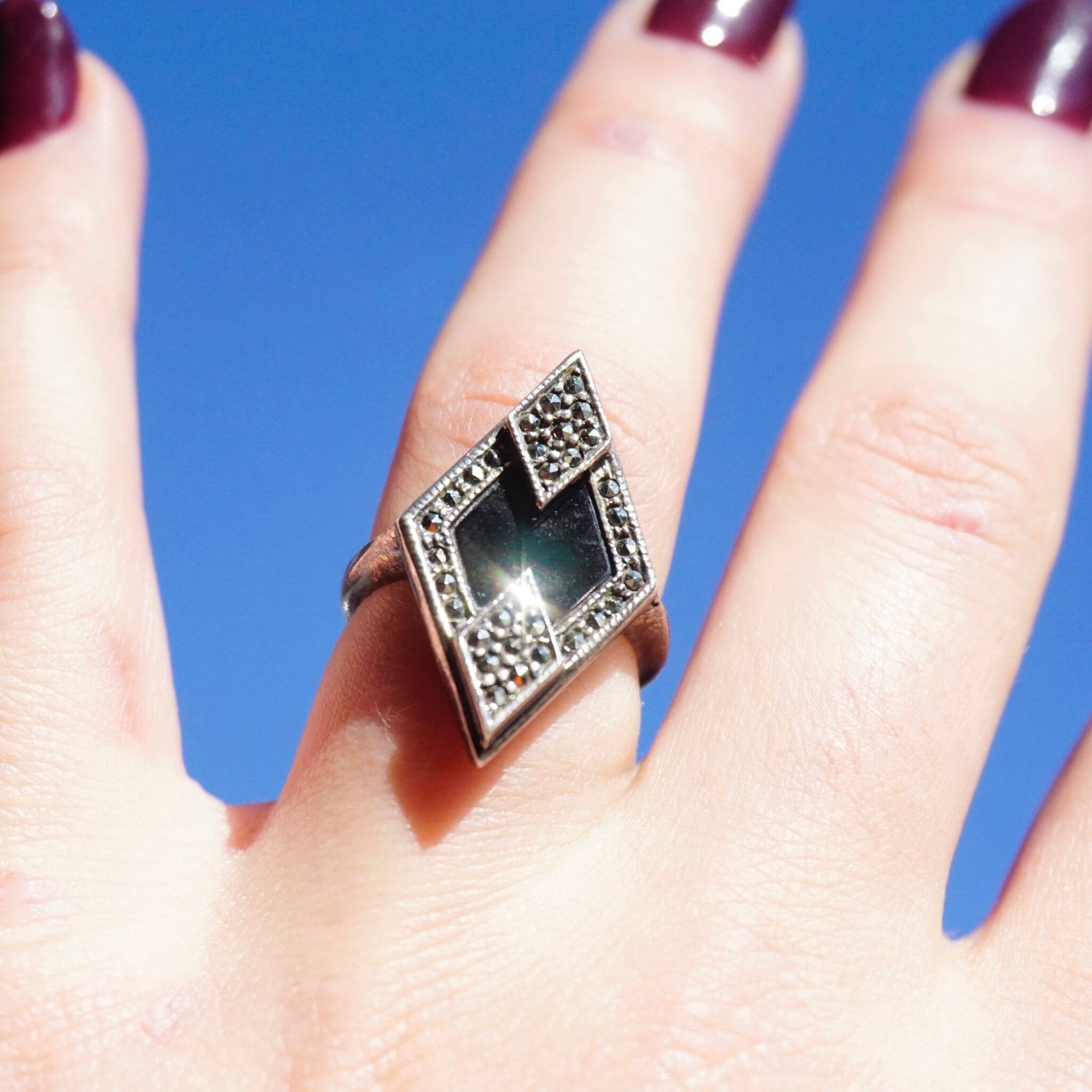 Vintage Sterling Silver Onyx And Marcasite Ring, Art Deco Diamond Shaped Marcasite Ring, Beautiful Marcasite and Onyx Ring, 925 Jewelry