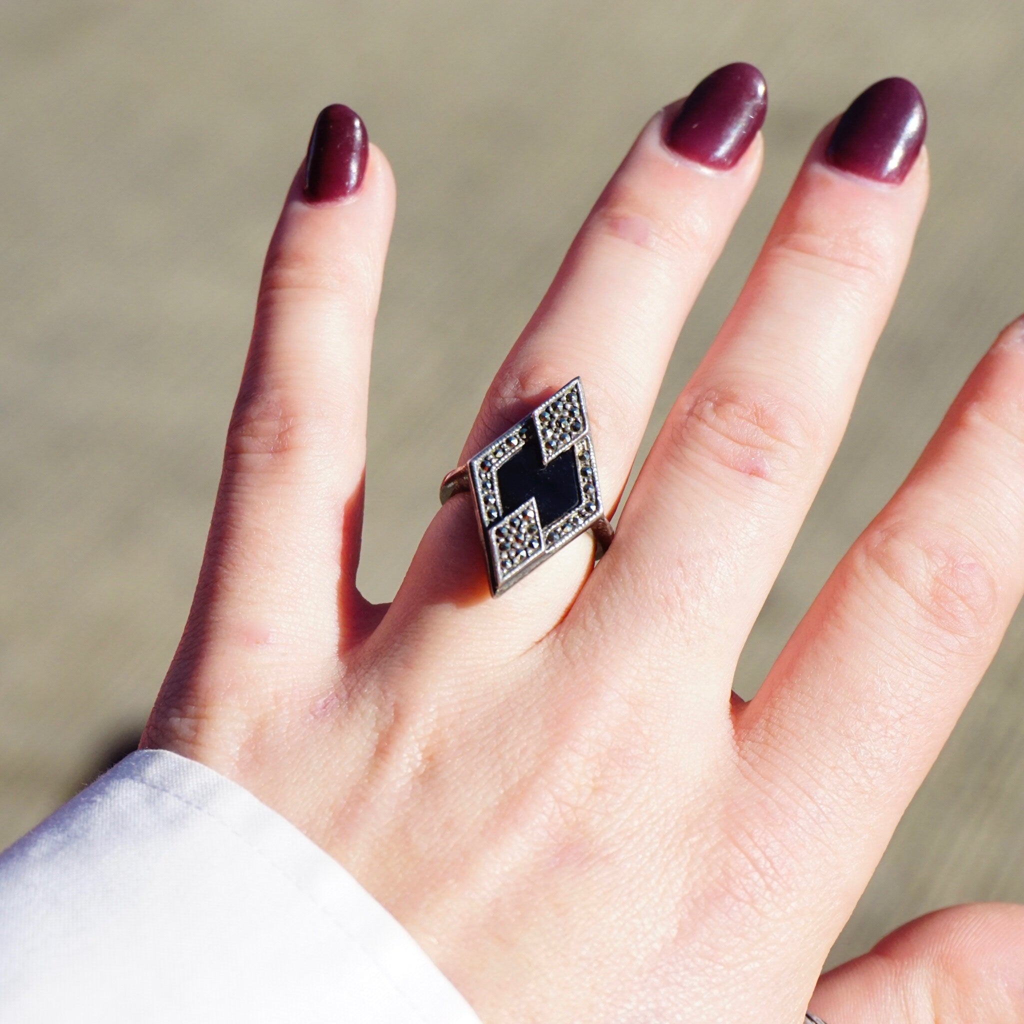 Vintage Sterling Silver Onyx And Marcasite Ring, Art Deco Diamond Shaped Marcasite Ring, Beautiful Marcasite and Onyx Ring, 925 Jewelry