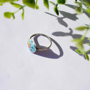 Vintage Sterling Silver Siam Enamel Heart Ring, Blue Enamel Ring With Inlaid Flower, Silver Heart Ring With Flower Design, Thailand Sterling
