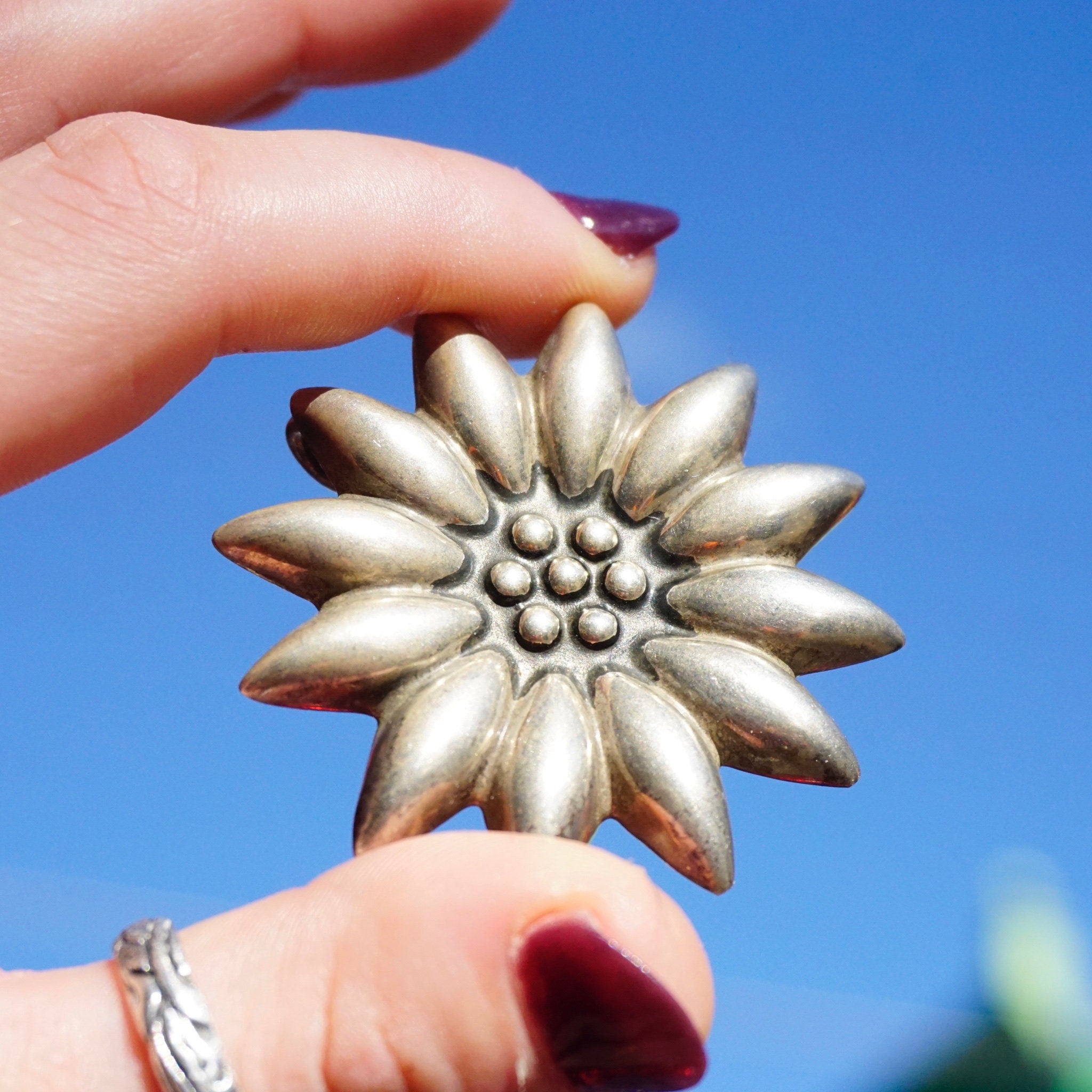 Brooch, Beautiful Silver Flower Pendant, Embossed Sterling Silver Flower Brooch, MWS 925 Mexico
