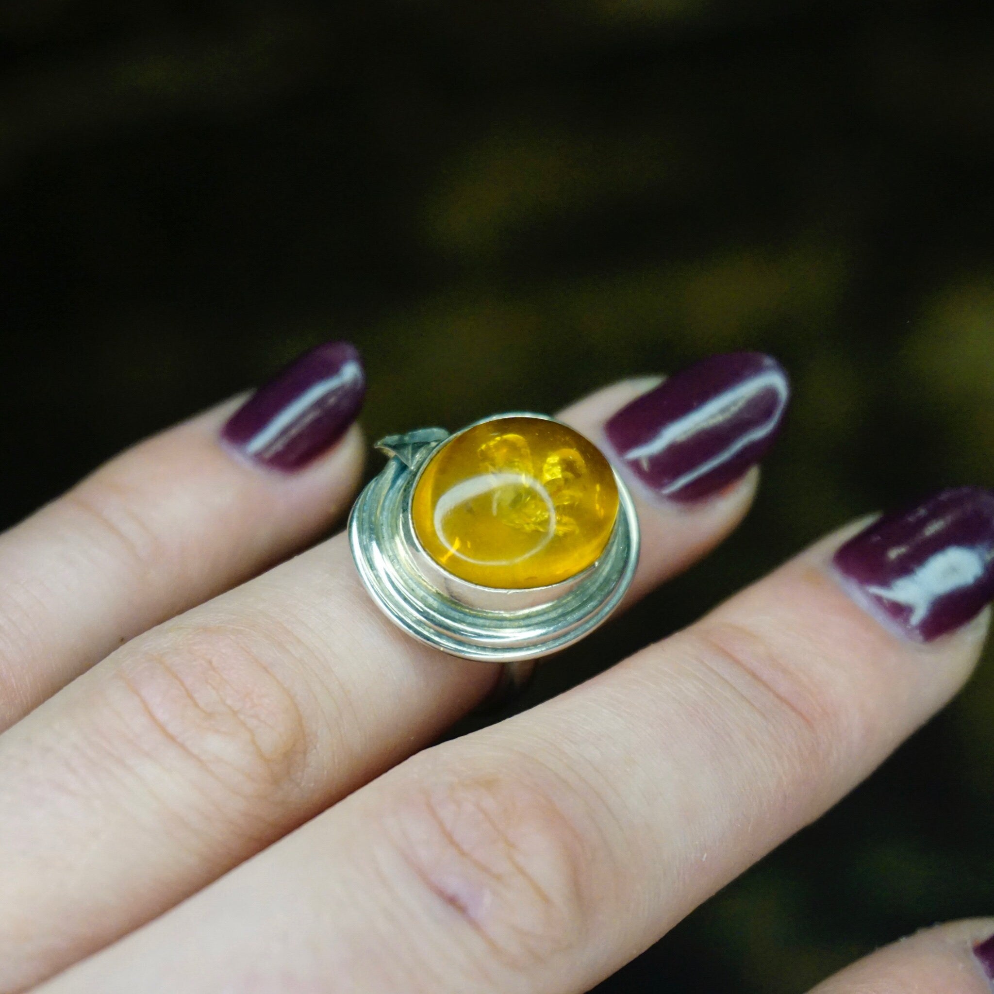Vintage Sterling Silver Amber Ring, Natural Amber Ring With Accent Silver Details, Amber With Inclusions, Petite Ring, 925 Jewelry