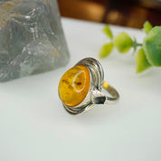 Vintage Sterling Silver Amber Ring, Natural Amber Ring With Accent Silver Details, Amber With Inclusions, Petite Ring, 925 Jewelry